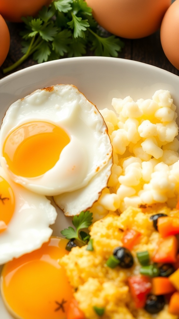 A plate of fried egg, scrambled eggs, and vegetable omelet with herbs.
